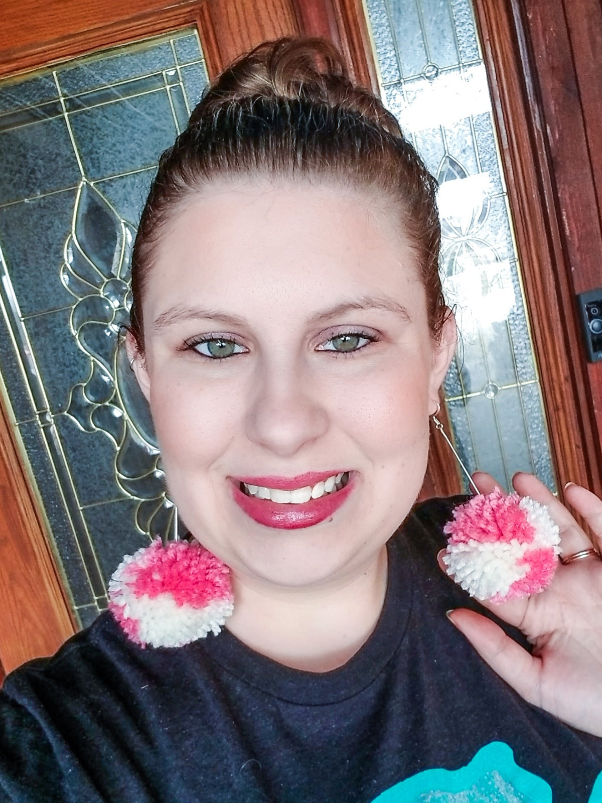 Tie Dye Pom Pom Earrings- Pink and White