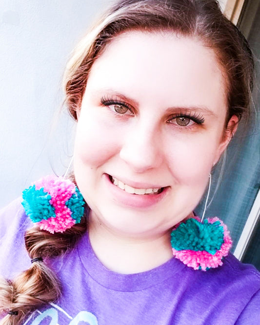 Tie Dye Pom Pom Earrings - Teal and Pink