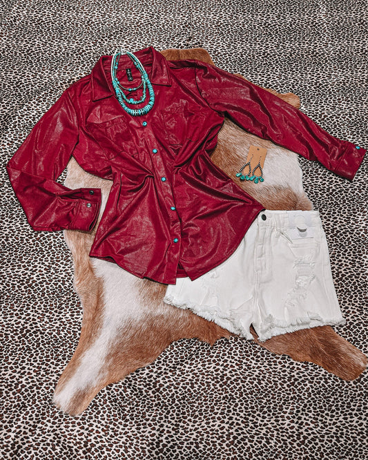 Leather Lux Pearl Snap - Burgundy