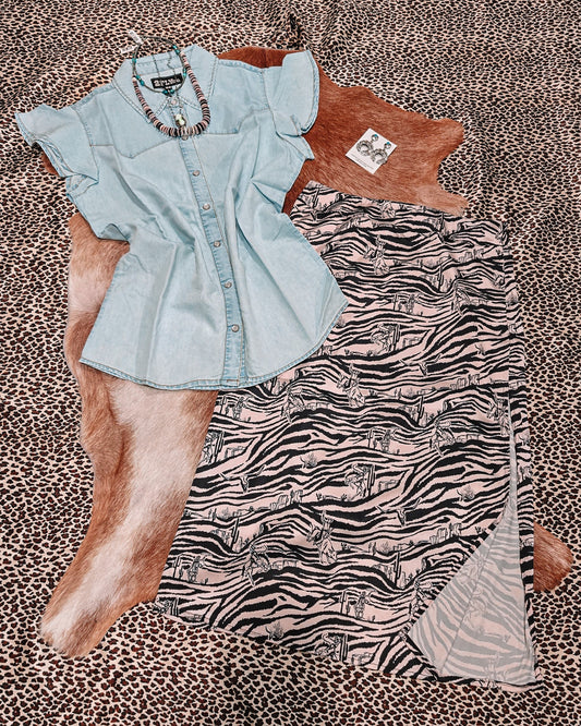 Dainty Denim Flutter Sleeve Pearl Snap