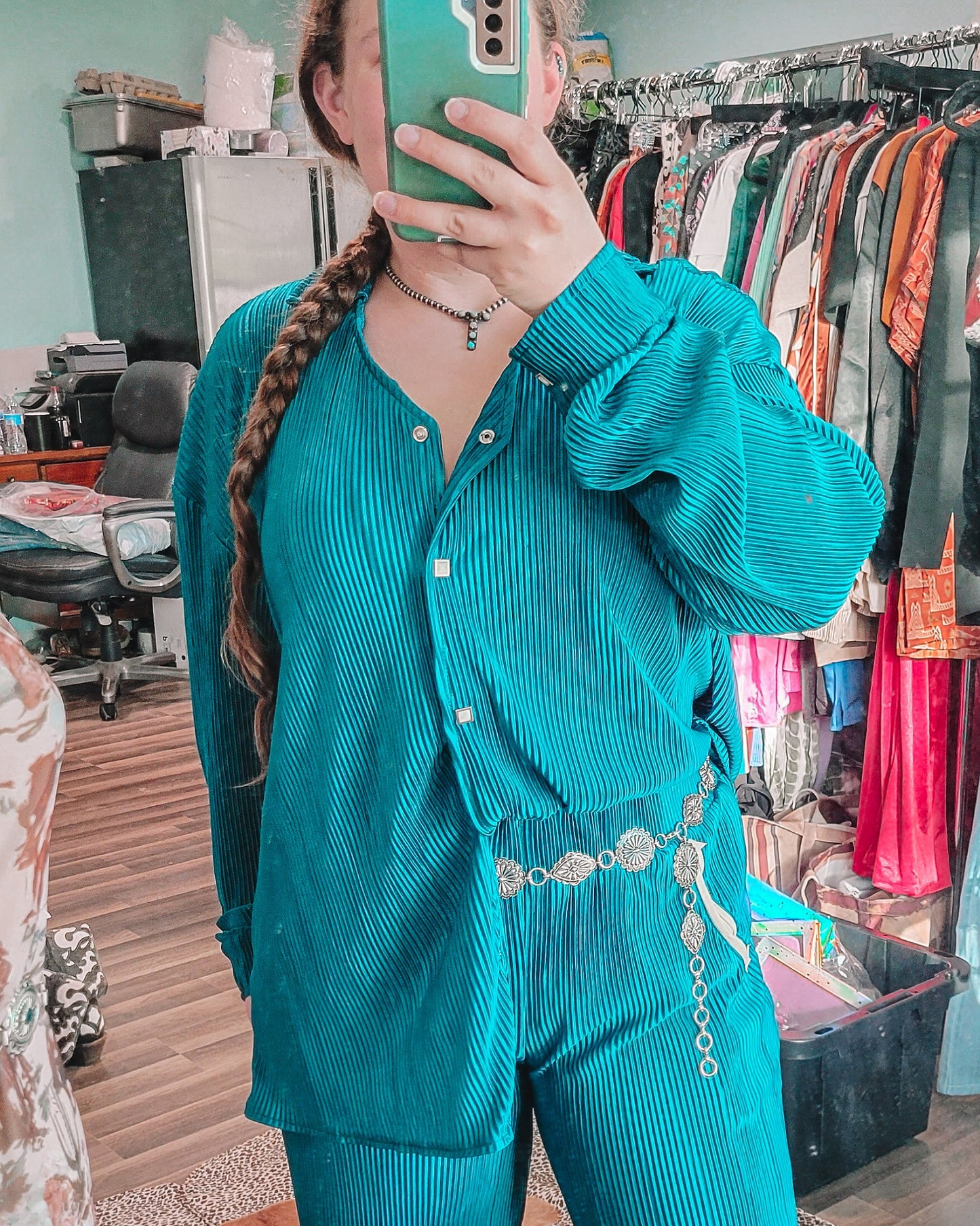 Pony Up Plisse Pearl Snap - Teal