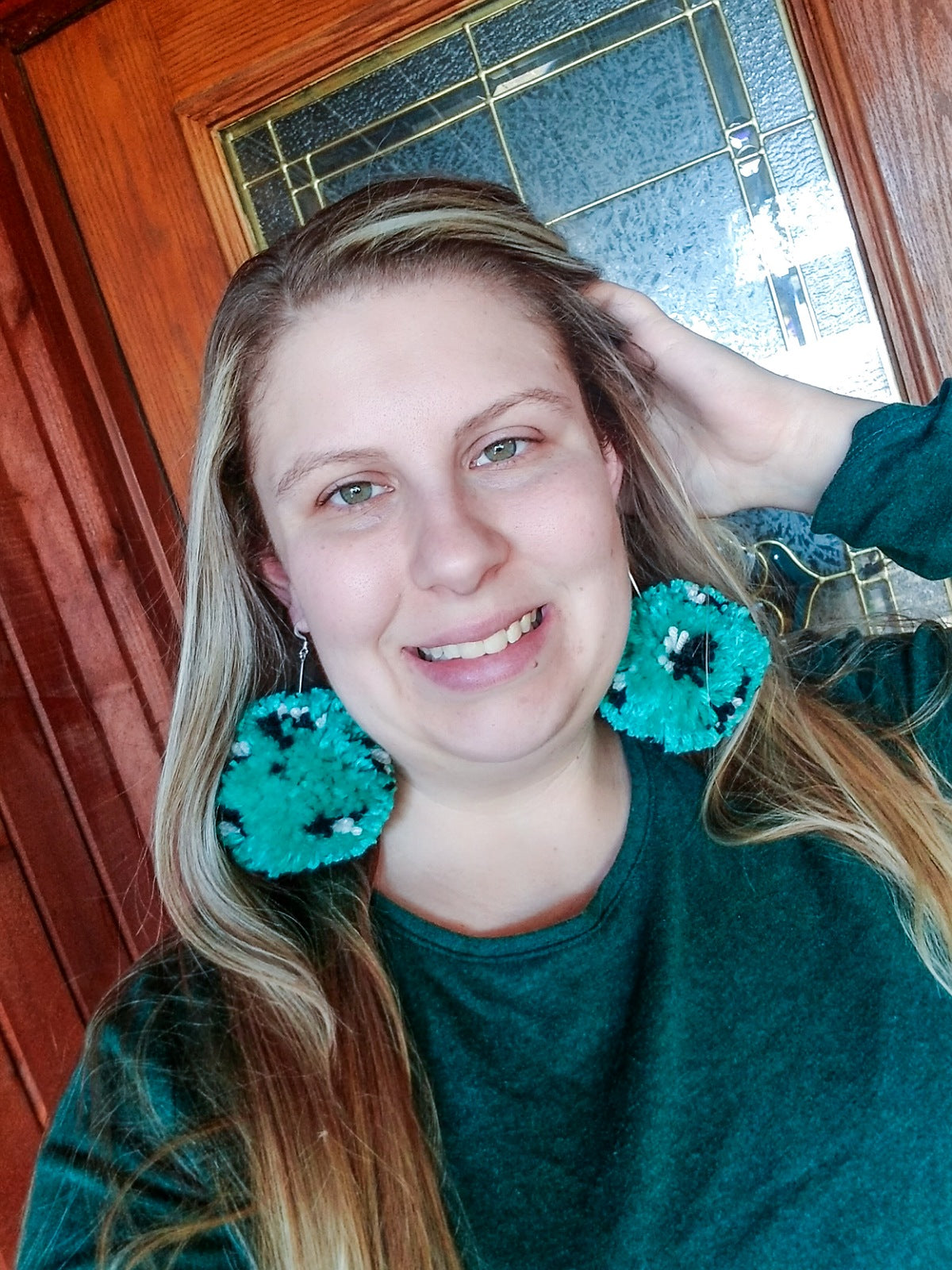 Turquoise Leopard Pom Pom Earrings - XL