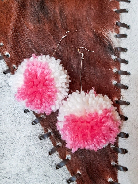 Tie Dye Pom Pom Earrings- Pink and White