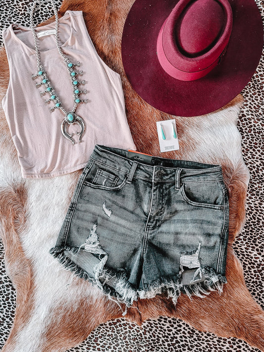 Line Dancin' Distressed Shorts - Washed Black