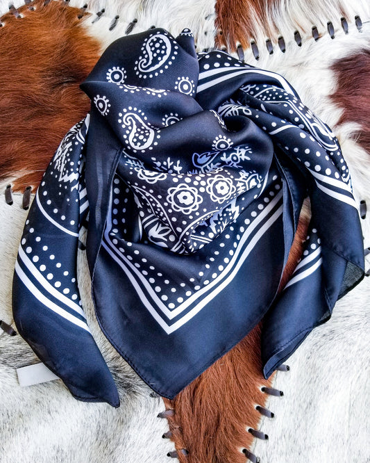 Silky Bandana Print Wild Rag - Black